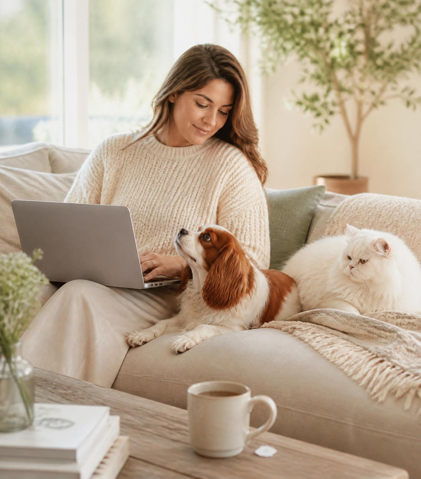 A calm pet parent seated on a linen sofa with her Cavalier King Charles Spaniel resting beside her and a Persian cat nearby, warm morning light through the window